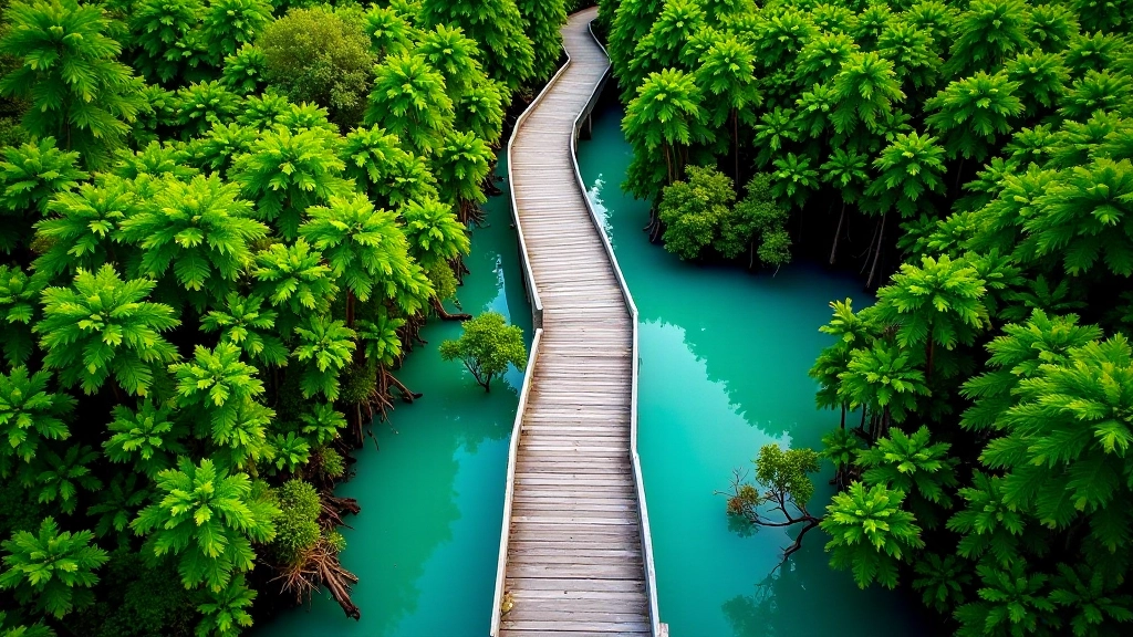 Vista aérea de las pasarelas de madera zigzagueando entre la vegetación de manglar verde esmeralda, agua azul claro visible entre los arbustos