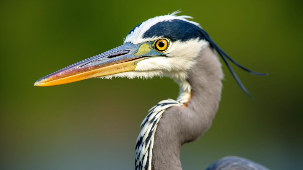 Detalle de cabeza de garza azul mostrando pico afilado, ojo amarillo y plumaje gris azulado en enfoque cercano