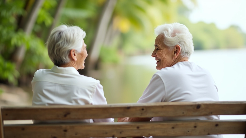Dos amigas jubiladas sentadas en una banca conversando, con vista al agua y árboles de fondo