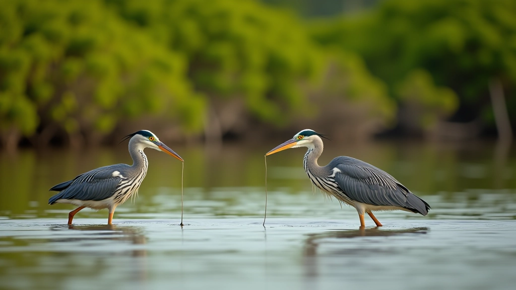 Dos garzas grises grandes pescando en aguas poco profundas del estuario, vegetación de manglar de fondo, luz natural clara