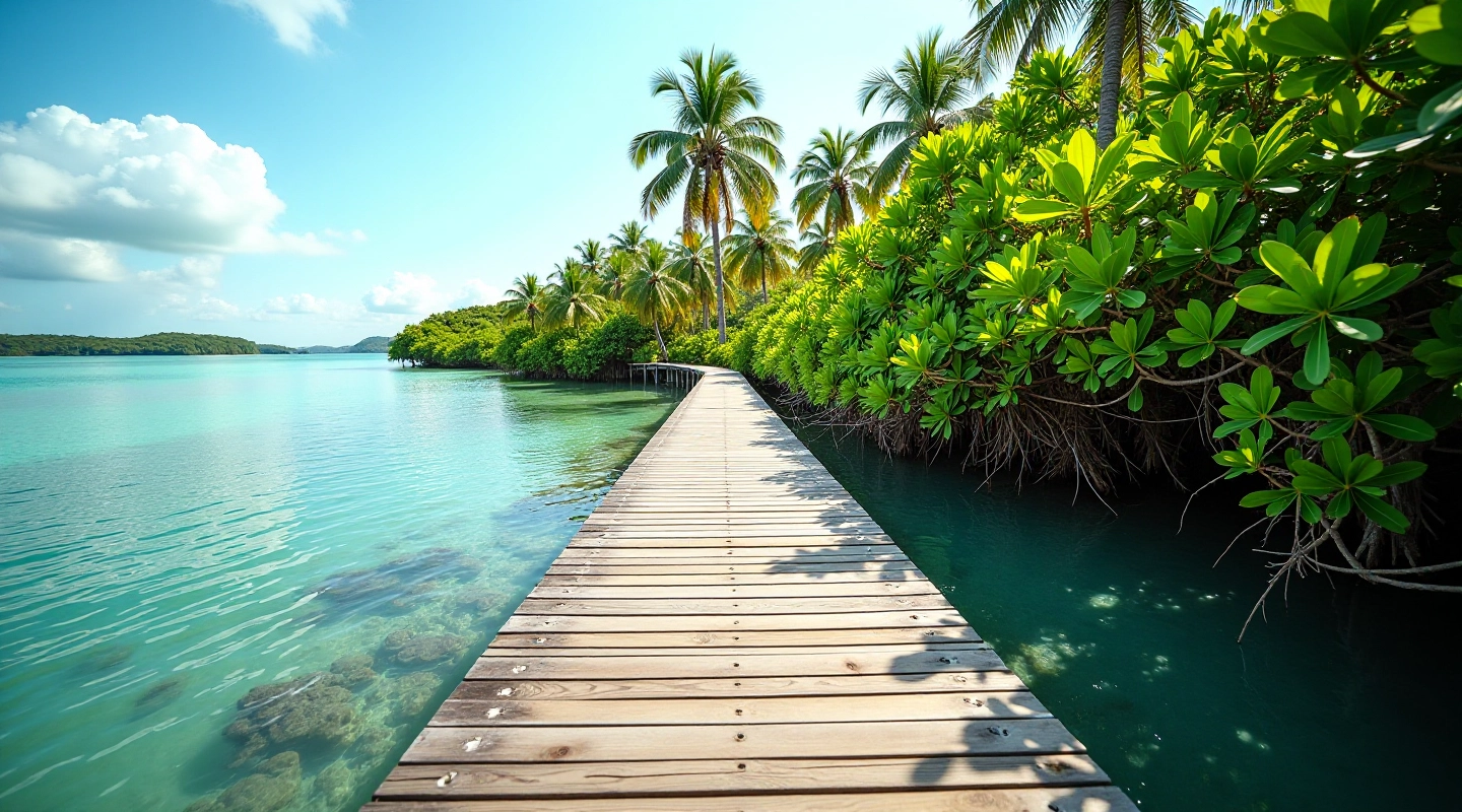 Pasarelas de madera sobre estuario tropical con agua clara y vegetación exuberante, luz natural suave