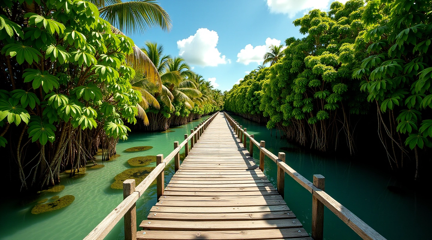 Pasarela de madera elevada sobre agua clara, rodeada de manglar denso y vegetación tropical verde