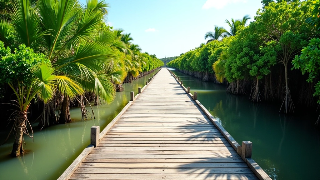 Pasarela elevada de madera con vista panorámica del estuario, agua clara reflejando el cielo, vegetación tropical densa a los lados